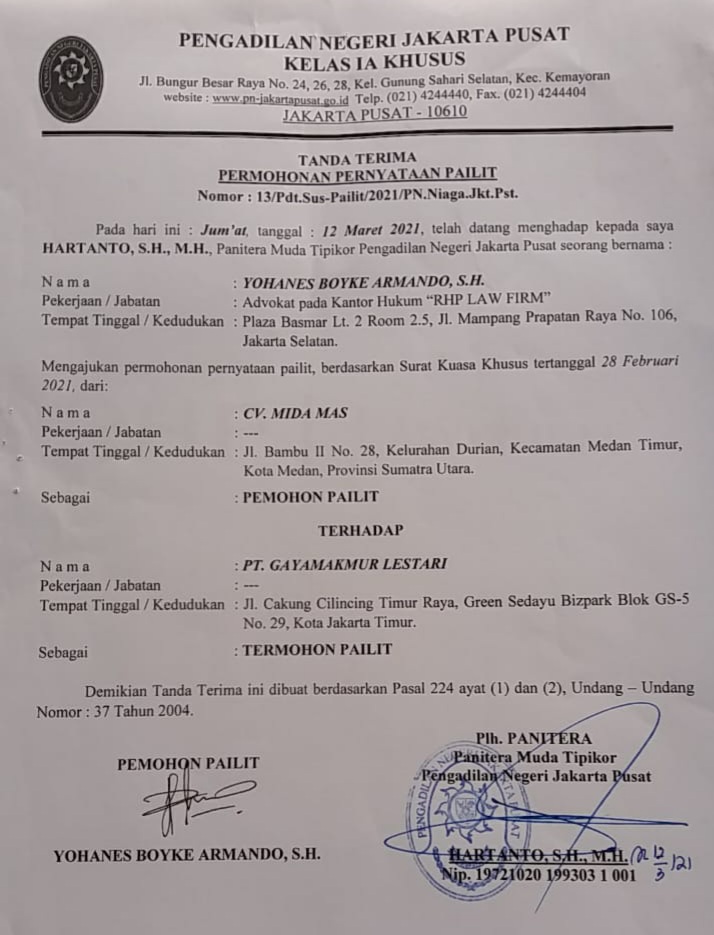 CV Mida Mas Gugat Pailit PT Gaya Makmur di Pengadilan Niaga Jakarta Pusat