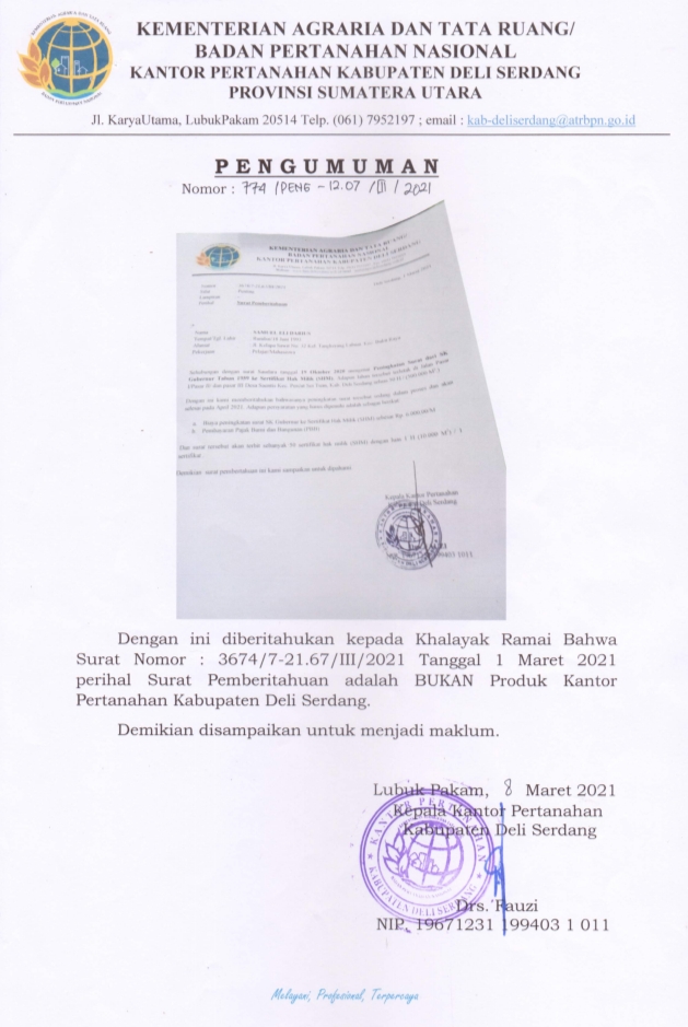 Surat BPN Deliserdang Diduga Palsu Beredar, Masyarakat Diharap Waspada dan Jeli