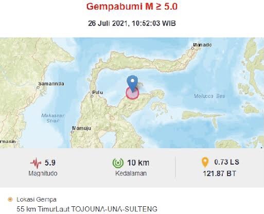 Gempa Magnitudo 5,9 Guncang Tojo Una-Una Sulteng