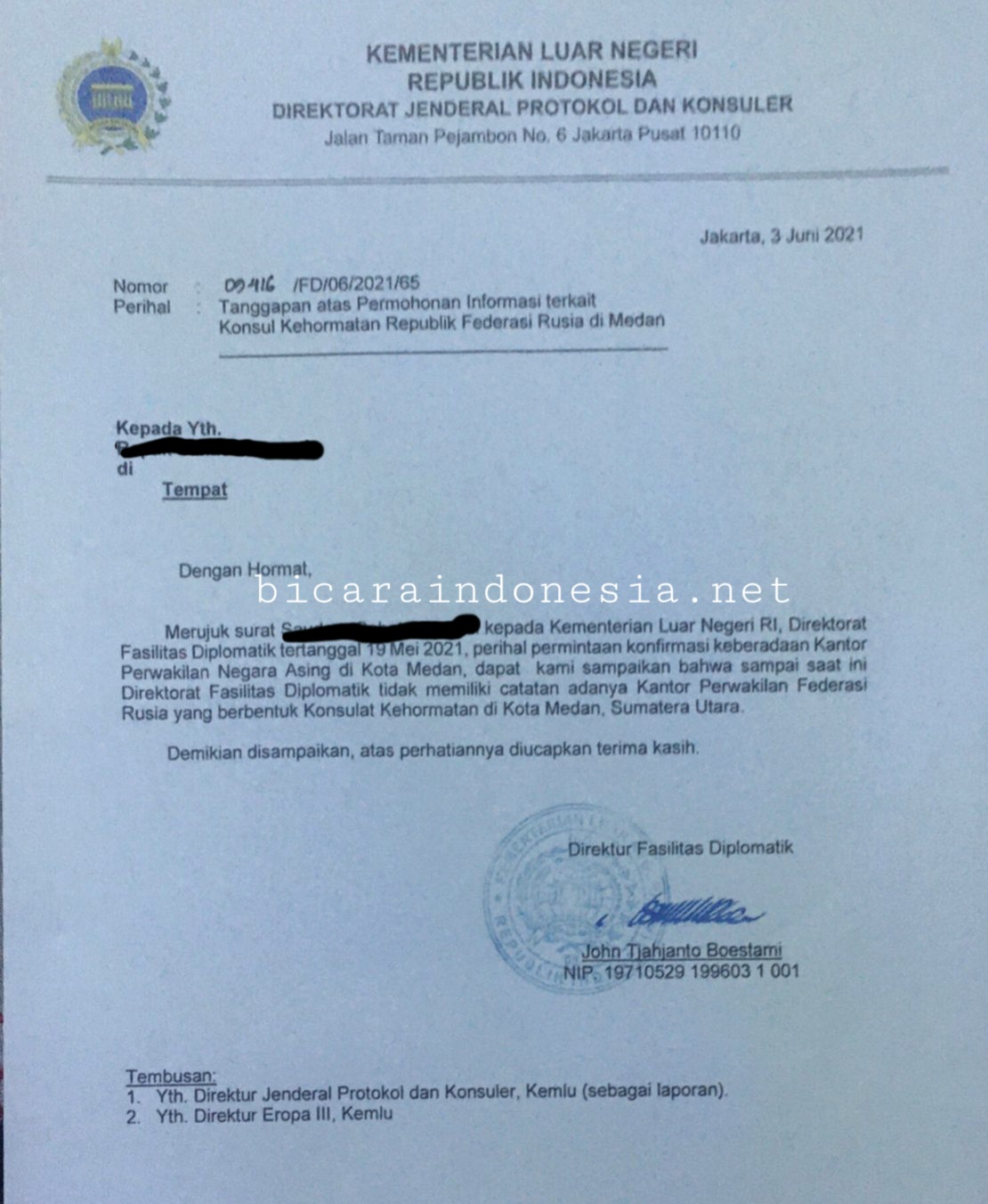 Ekslusive!! Beredar Surat Kemlu, Tegaskan Tidak Ada Konsulat Rusia di Medan
