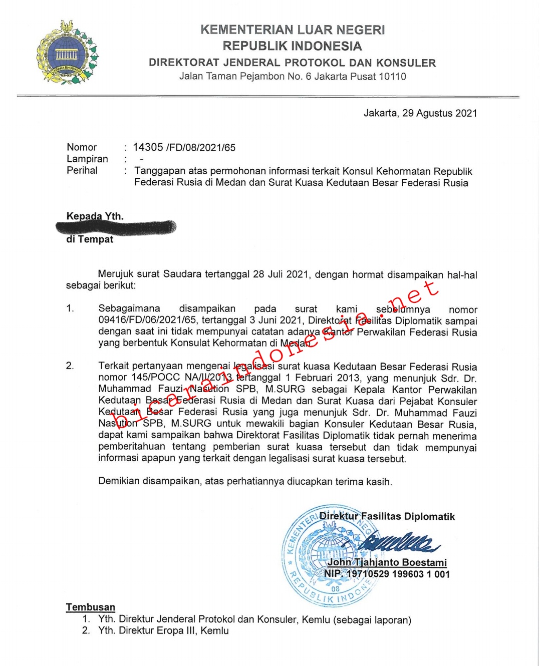 Ekslusive!! Kemlu RI Kembali Rilis Surat, Tegaskan MFN Bukan Konsulat Rusia di Medan