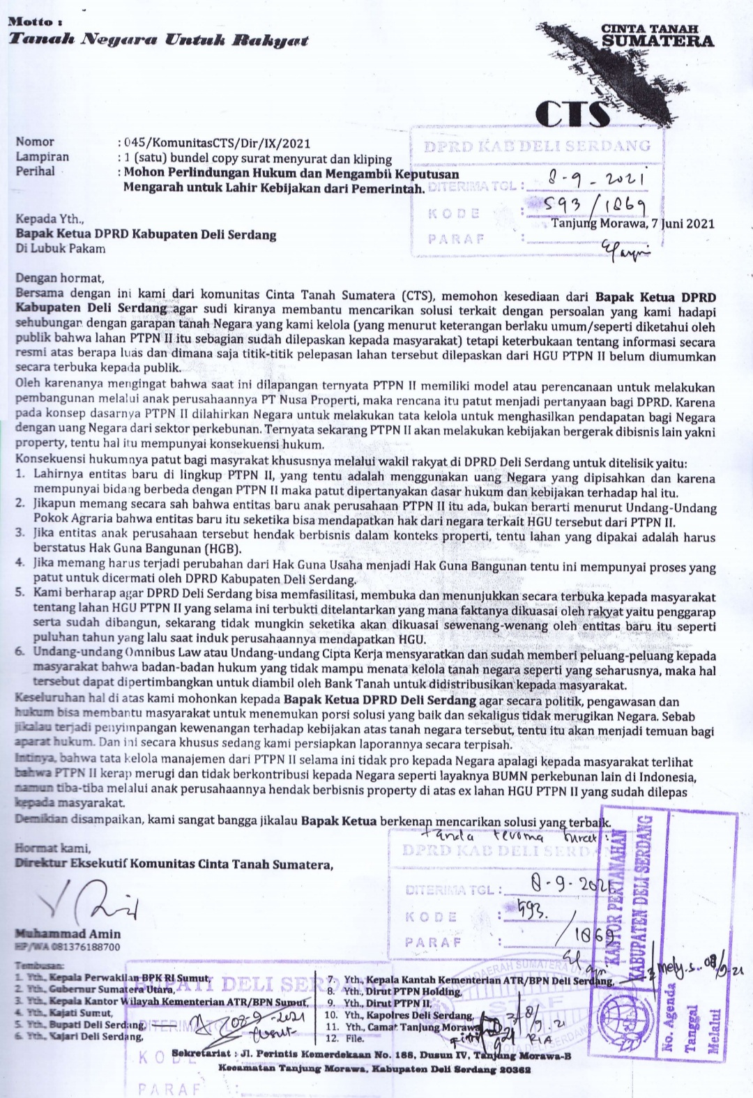 Surati Ketua DPRD Deliserdang, CTS Kritik PTPN2 'Bermain' Properti di Lahan Eks HGU