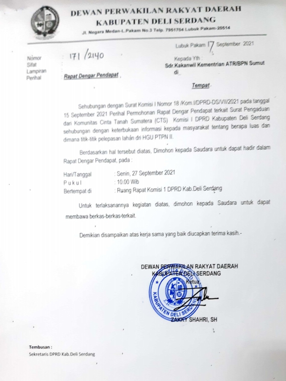 Besok DPRD DS Gelar RDP Bersama CTS, Bahas Luas dan Titik Lahan SHGU PTPN2 yang Dilepas