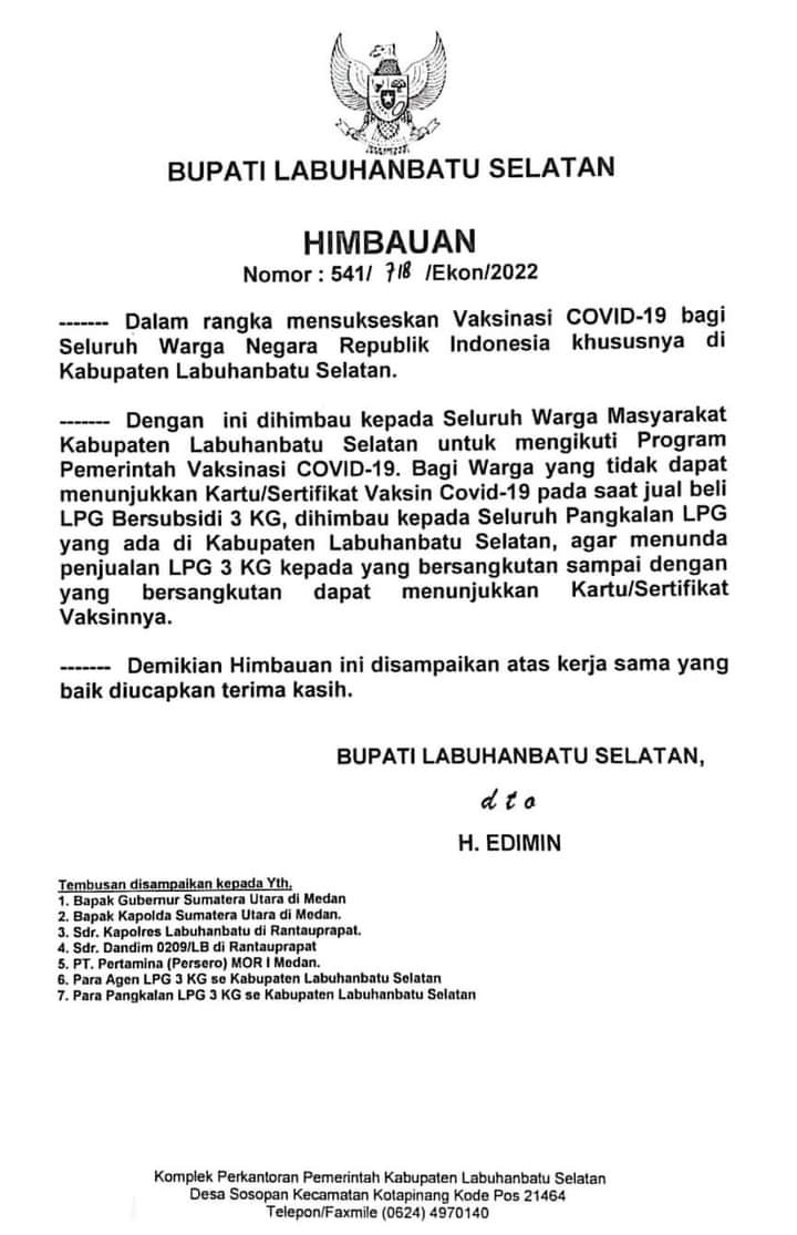 Aturan Baru, Masyarakat di Labusel Harus Tunjukkan Sertifikat Vaksin Saat Beli Gas LPG 3Kg