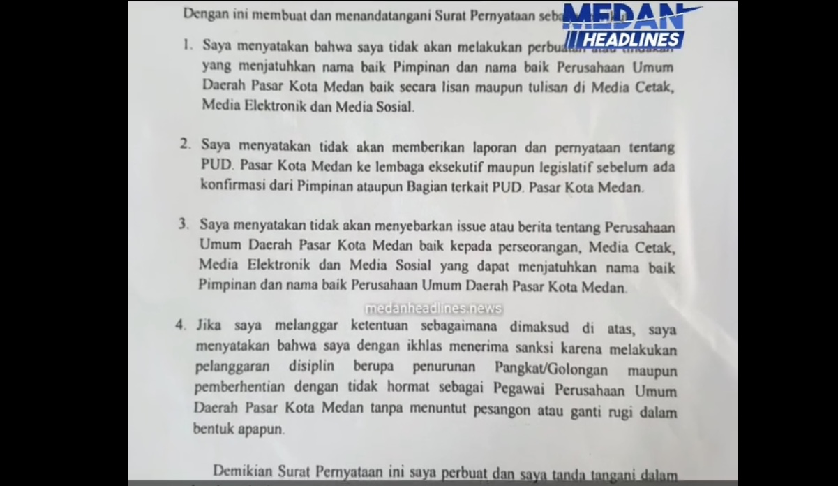 Surat Pernyataan Direksi PUD Pasar Medan Tersebar, Dinilai Intimidasi Karyawan dan Anti Media