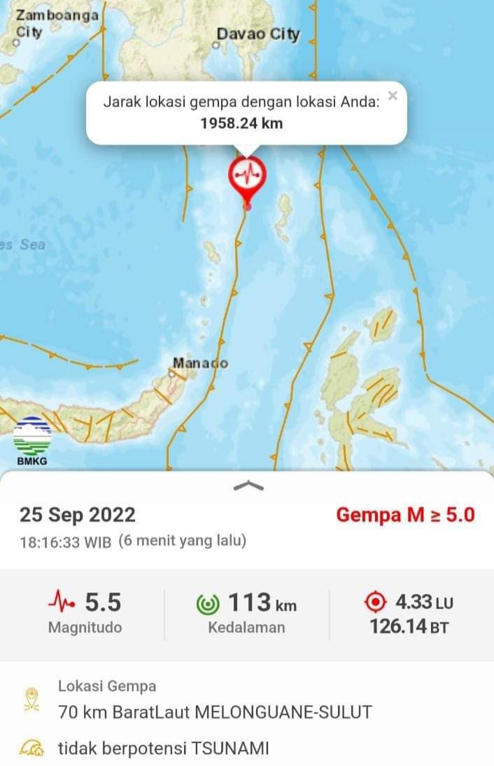Melonguane Sulawesi Utara Diguncang Gempa M5,5