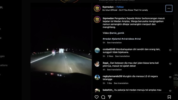 Viral! Pengendara Motor Nekat Terobos Jalan Tol di Medan saat Malam Hari