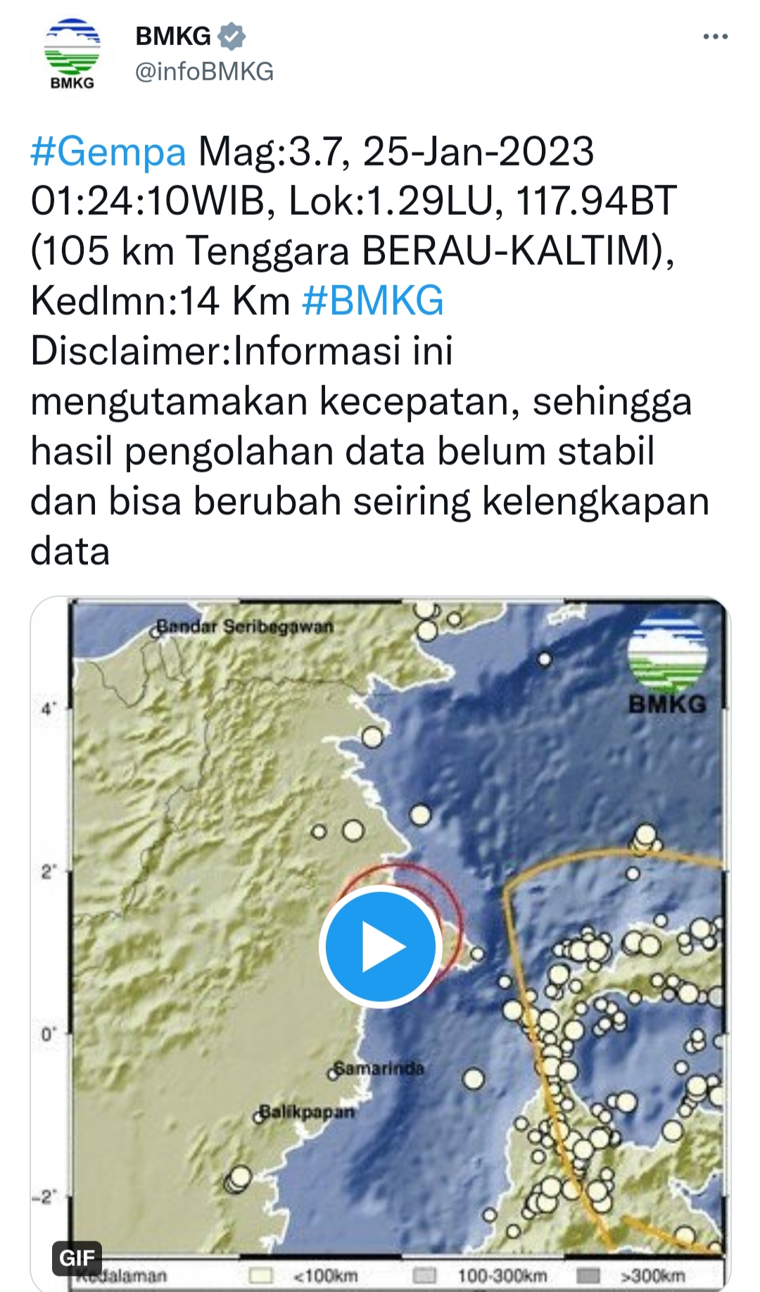 Berau Kaltim Diguncang Gempa Langka M3,7, Titik Gempa Tak Jauh dari IKN