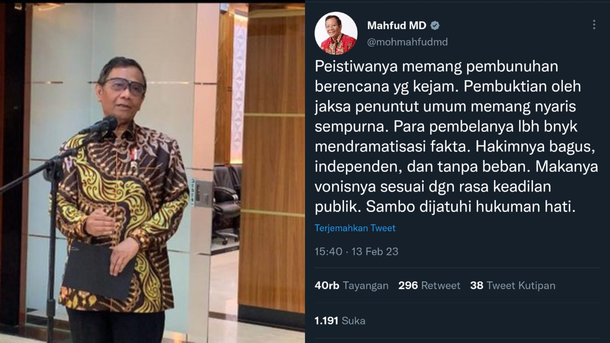 Mahfud MD Puji Putusan Hakim yang Vonis Mati Ferdy Sambo