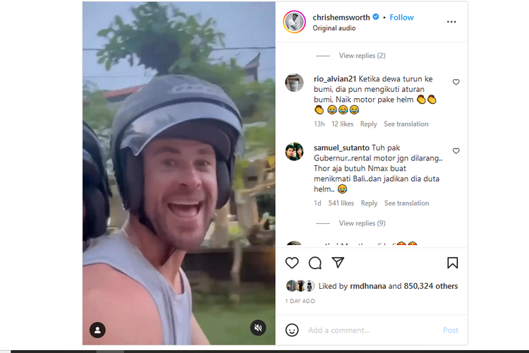 Pemeran Thor Tuai Pujian Netizen Saat Naik Motor Pakai Helm di Bali