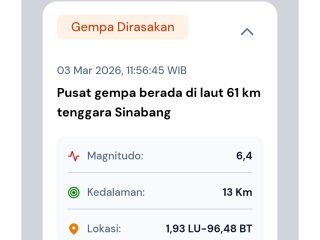 Gempa M 6.4 Di Sinabang, Turut Dirasakan Warga Singkil